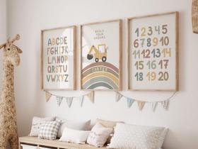 Kit 3 Quadros Decorativos Alfabeto Números Retroescavadeira Quarto Menino Decoração