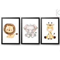 Kit 3 Quadros Decorativos Animalzinho Safari Baby Aquarela 20x30cm