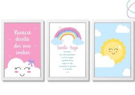 Kit 3 Quadros Decorativos Arco-íris Nuvem Sol Santo Anjo