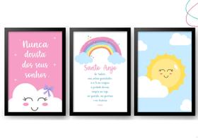 Kit 3 Quadros Decorativos Arco-íris Nuvem Sol Santo Anjo