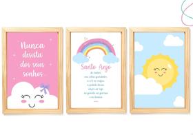 Kit 3 Quadros Decorativos Arco-íris Nuvem Sol Santo Anjo