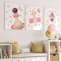 Kit 3 Quadros Decorativos Astronauta Foguete Planeta Rosa Quarto Menina Decoração