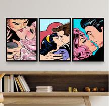 Kit 3 Quadros Decorativos Beijo Pop Art - Casais 45x34cm