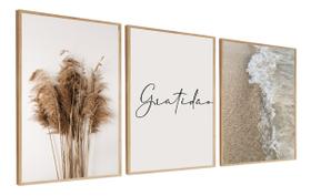 Kit 3 Quadros Decorativos Boho Bege Para Sala Quarto Mar Gratidão 60x40 Vinil - Via Encanto