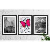 Kit 3 Quadros Decorativos Borboleta Rosa E Folhagens