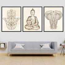 Kit 3 Quadros Decorativos Buda Zen, Hamsa, Elefante 45x34cm