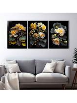 Kit 3 Quadros Decorativos Buquê Branco Amarelo Tons Preto Casa Sala Kit 3 Quadros Decorativos Buquê Branco Amarelo Tons Preto Casa Sala