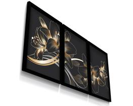 Kit 3 Quadros Decorativos C/ Moldura Sala Quarto Flores Aquarela Dourada - Fourdec
