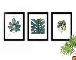 Kit 3 Quadros Decorativos Com Moldura Plantas Pingo Dourado