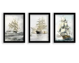 Kit 3 Quadros Decorativos Com Moldura Preta Navio Europeu