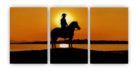 Kit 3 quadros decorativos cowboy por do sol cavalo mdf 20x29