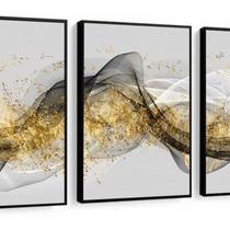 Kit 3 Quadros Decorativos Dourado Efeito Ondas Luxo Sala 60x40 Vinil