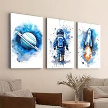 Kit 3 Quadros Decorativos Estilo Espacial 20x30cm Lua, Homem e Foguete em MDF