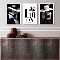 Kit 3 Quadros Decorativos Fashion Lady Preto E Branco 33x24cm - com vidro