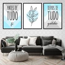 Kit 3 Quadros Decorativos Fé E Gratidão Azul E Cinza