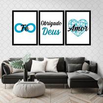 Kit 3 Quadros Decorativos Fé, Obrigado Deus, Amor Azul Kit 3 Quadros Decorativos Fé, Obrigado Deus, Amor Azul