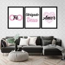 Kit 3 Quadros Decorativos Fé, Obrigado Deus, Amor Rosa 45x34cm