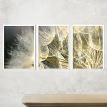 Kit 3 Quadros Decorativos Flor Dente de Leão Sala Quarto 33x43cm Laminado Moldura Branca