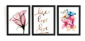 Kit 3 Quadros Decorativos Flores Love Love Love Kit 3 Quadros Decorativos Flores Love Love Love