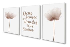 Kit 3 Quadros Decorativos Flores Rosa Para Sala Quarto Frase Deus 60x40 Vinil