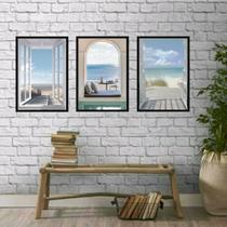 Kit 3 Quadros Decorativos Fotografias JanelasPraia 45x34cm - com vidro