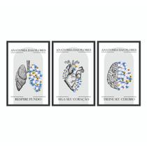 Kit 3 Quadros Decorativos Frase Anatomia Coração Cérebro Pulmão Motivação Medicina Enfermagem Flor
