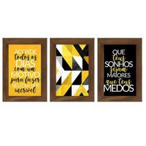 Kit 3 Quadros Decorativos Frase Motivação Sonhos Quadro de Parede Sala Geométrico Amarelo Quarto Trio Decoração - Hugart Decorações