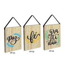 Kit 3 Quadros Decorativos Frases Fé, Gratidão e Paz com Alça - MDF 3mm