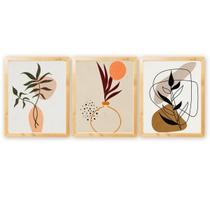 Kit 3 Quadros Decorativos Galhos Abstrato Folhagem Natureza Plantas Boho com Moldura Natural 40cm