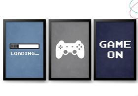 Kit 3 Quadros Decorativos Game On Video Game vidro moldura Kit 3 Quadros Decorativos Game On Video Game vidro moldura