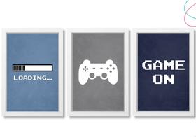 Kit 3 Quadros Decorativos Game On Video Game vidro moldura