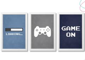 Kit 3 Quadros Decorativos Game On Video Game vidro moldura Kit 3 Quadros Decorativos Game On Video Game vidro moldura