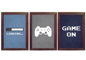 Kit 3 Quadros Decorativos Game On Video Game vidro moldura