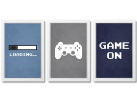 Kit 3 Quadros Decorativos Game On Video Game vidro moldura Kit 3 Quadros Decorativos Game On Video Game vidro moldura