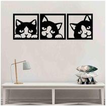 Kit 3 Quadros Decorativos Gato 3Mm Vazado Preto - Mdf