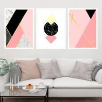 Kit 3 Quadros Decorativos Geométrico Rosa E Preto