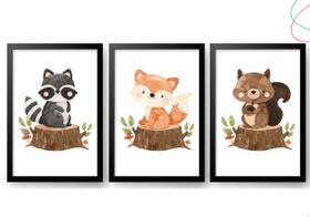 Kit 3 Quadros Decorativos Infantil Animais do Bosque