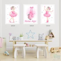 Kit 3 Quadros Decorativos infantil Bailarina nome personalizado com moldura 33x24 Kit 3 Quadros Decorativos infantil Bailarina nome personalizado com moldura 33x24