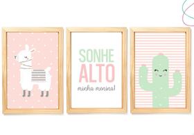 Kit 3 Quadros Decorativos infantil Lhama Cacto Colorido