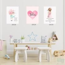 Kit 3 Quadros Decorativos infantil Menina Aquarela