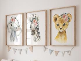 Kit 3 Quadros Decorativos Infantil Moldura Animais Flores Quarto Menina Bebê Decoração Maternidade