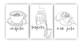 Kit 3 quadros decorativos inspira respira não pira café A4