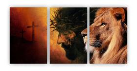 Kit 3 quadros decorativos jesus leão de judá religião fé mdf