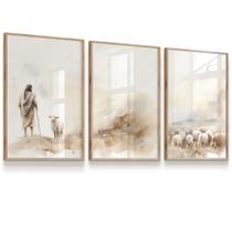 Kit 3 Quadros Decorativos Jesus Pastor de Ovelhas Religião Cajado 43x63 Moldura Carvalho