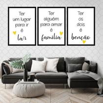 Kit 3 Quadros Decorativos Lar Família Benção Amarelo 34x23cm