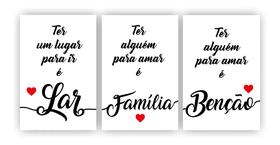 Kit 3 quadros decorativos lar familia e benção frase sala A4