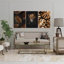 Kit 3 Quadros Decorativos Leão De Juda Folhas Gold Dourado Preto Folhagem - Pronta Entrega