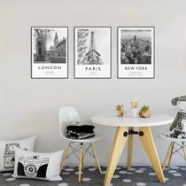Kit 3 Quadros Decorativos Londres Paris Nova York 20x30cm Preto Branco Parede de Escritório Sala Kit 3 Quadros Decorativos Londres Paris Nova York 20x30cm Preto Branco Parede de Escritório Sala