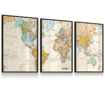 Kit 3 Quadros Decorativos Mapa Mundi Países