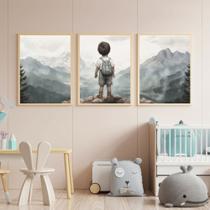 Kit 3 Quadros Decorativos Menino Montanha Aventura Quarto Decoração